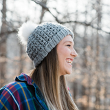 V-Stitch Beanie with Removeable Faux Fur Pom Pom