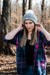 V-Stitch Beanie with Removeable Faux Fur Pom Pom