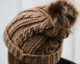 Slouchy Cable Beanie with Removeable Faux Fur Pom Pom