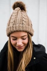 Slouchy Cable Beanie with Removeable Faux Fur Pom Pom