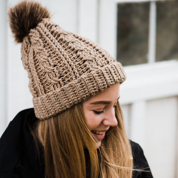 Slouchy Cable Beanie with Removeable Faux Fur Pom Pom