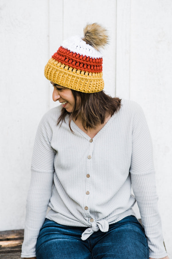 Candy Corn Hat with Removable Faux Fur Pom Pom